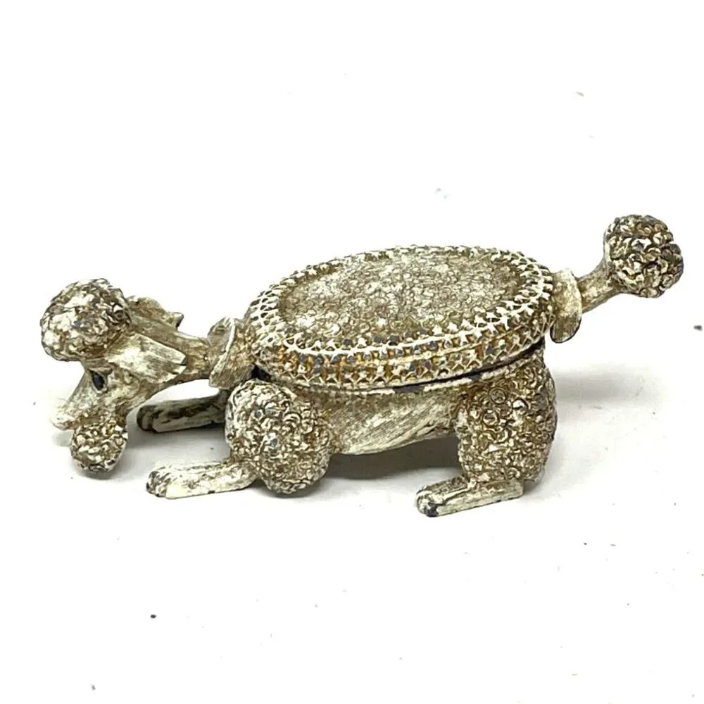 Vintage Florenza Metal Ormolu Poodle Dog Pill Trinket Box Topaz Rhinestone Eyes